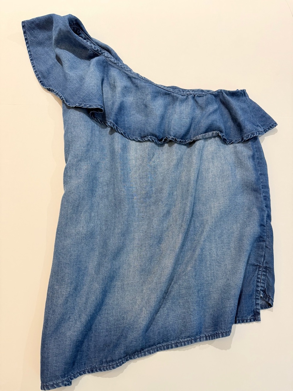 Chambray One Shoulder Ruffle Top Blue Size M